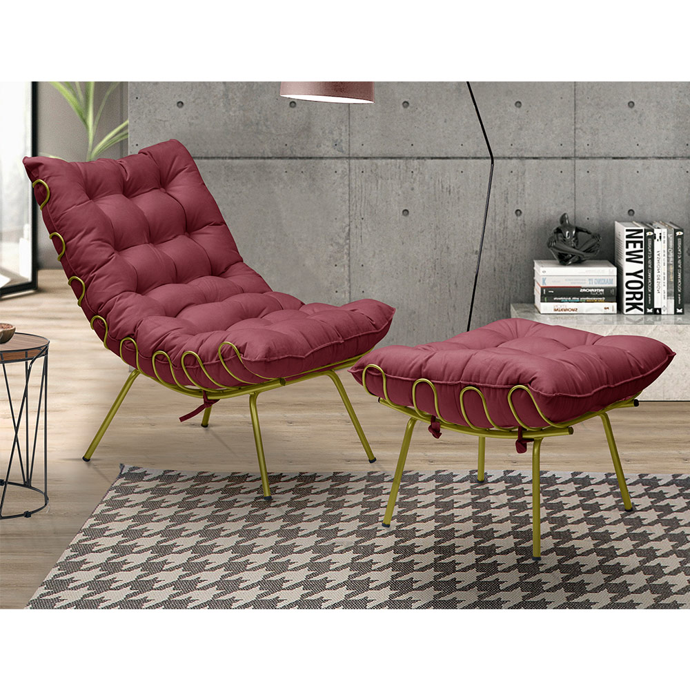 Poltrona Decorativa Sala de Estar Abel Base de Ferro Dourada Suede Bordô G41 - Gran Belo