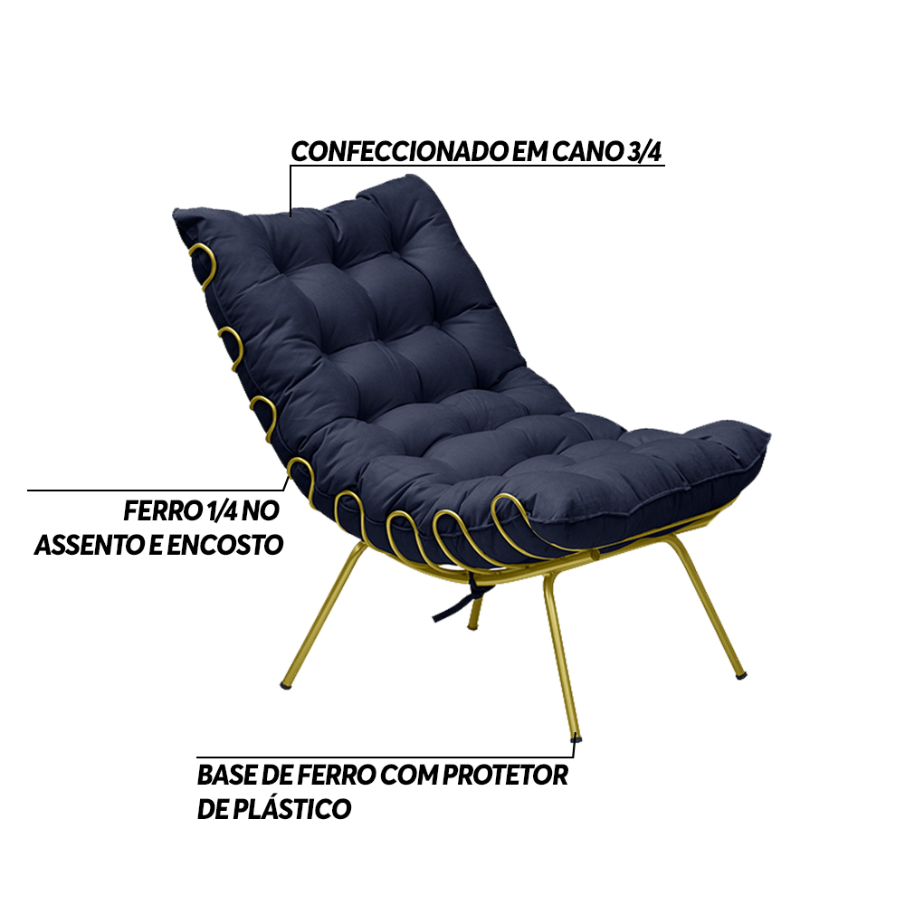 Poltrona Decorativa Sala de Estar Abel Base de Ferro Dourada Veludo Azul G41 - Gran Belo