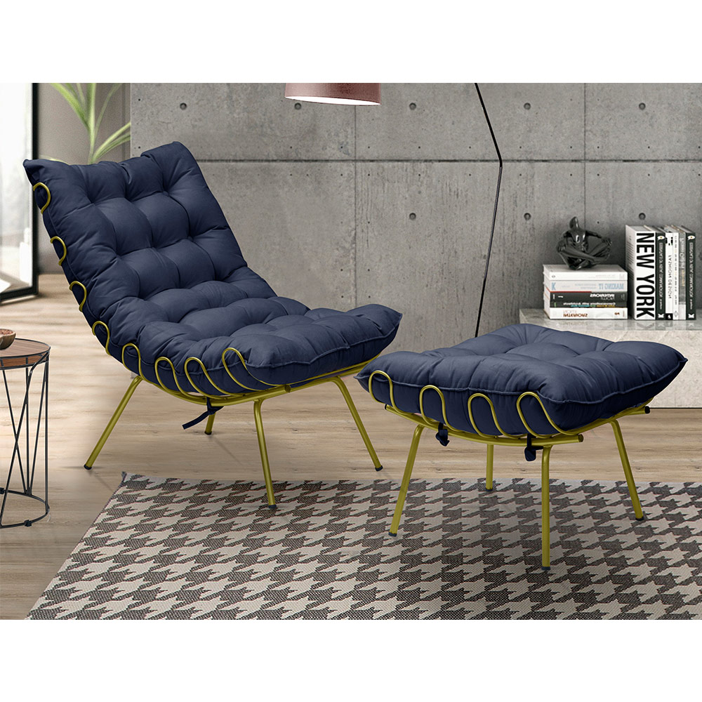 Poltrona Decorativa Sala de Estar Abel Base de Ferro Dourada Veludo Azul G41 - Gran Belo