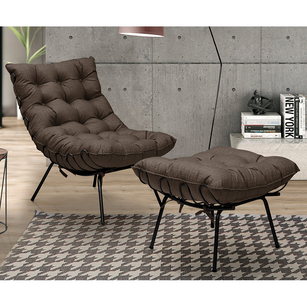 Poltrona Decorativa Sala de Estar Abel Base de Ferro Preto Linho Marrom G41 - Gran Belo