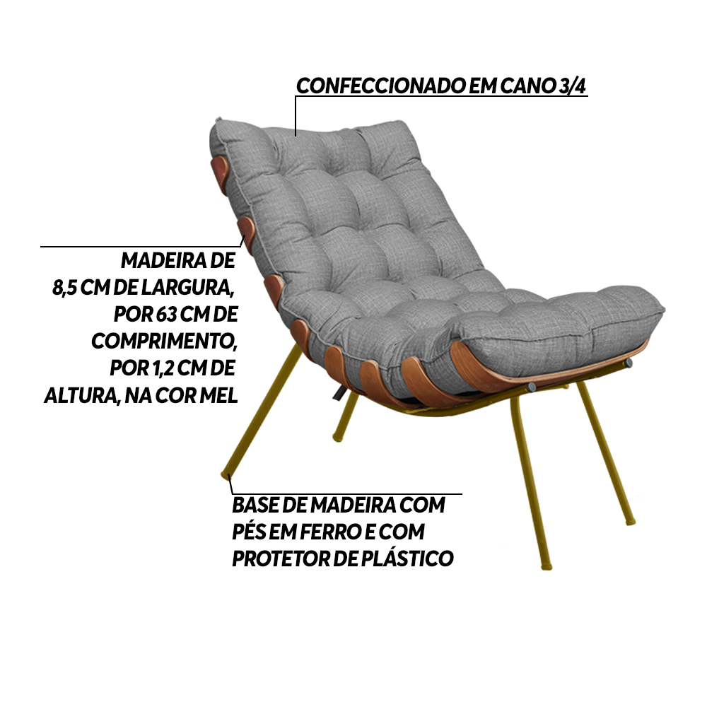 Poltrona Decorativa Sala de Estar Abel Base de Madeira Dourada Linho Cinza G41 - Gran Belo