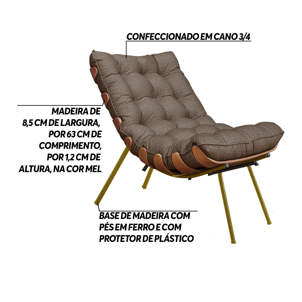 Poltrona Decorativa Sala de Estar Abel Base de Madeira Dourada Linho Marrom G41 - Gran Belo