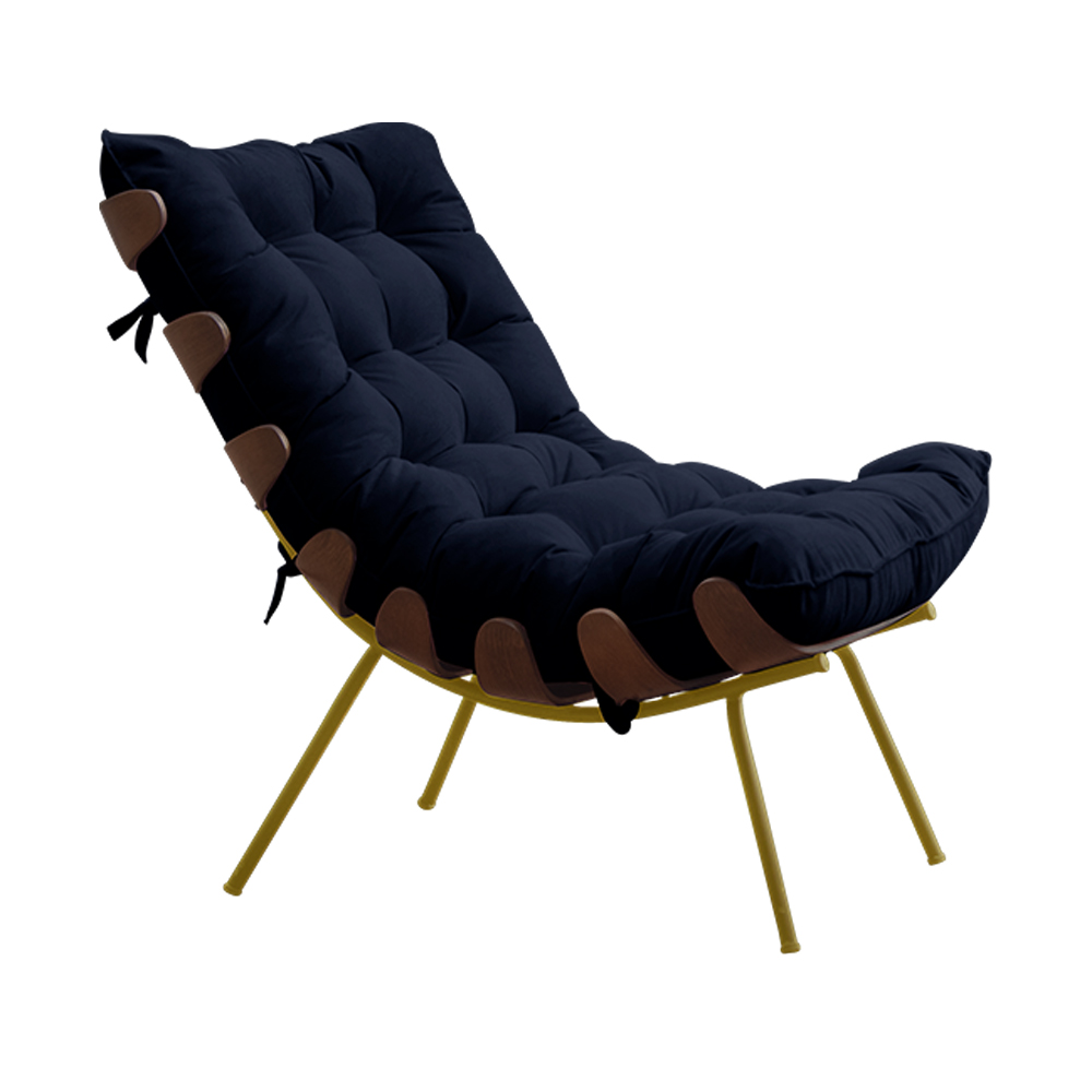 Poltrona Decorativa Sala de Estar Abel Base de Madeira Dourada Veludo Azul G41 - Gran Belo
