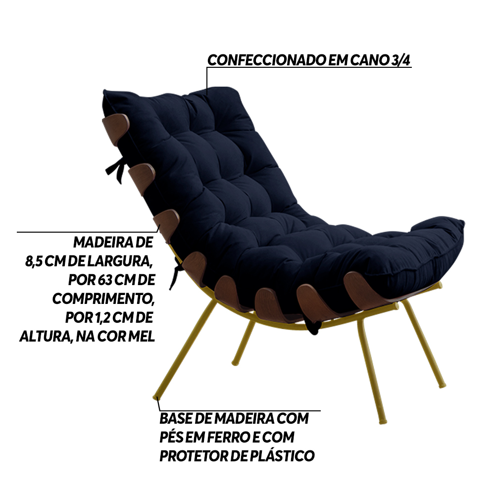 Poltrona Decorativa Sala de Estar Abel Base de Madeira Dourada Veludo Azul G41 - Gran Belo