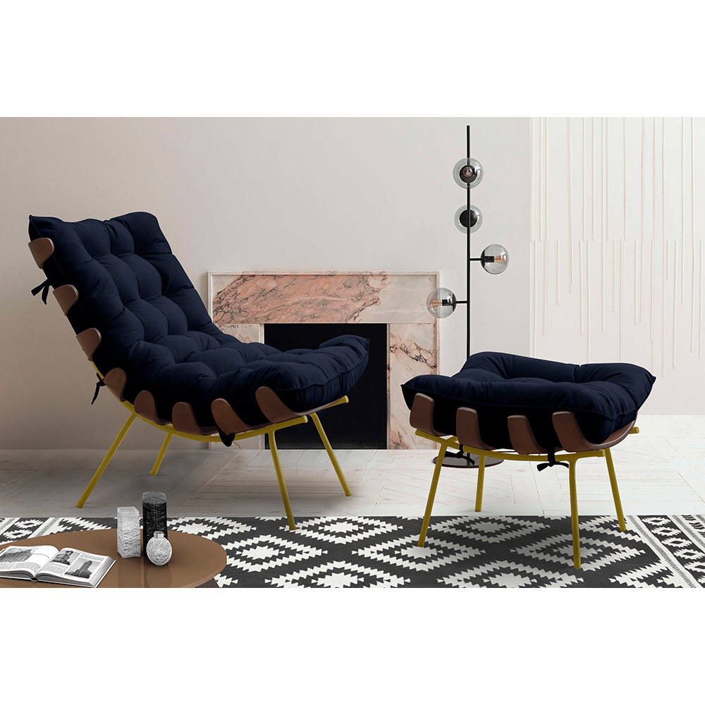Poltrona Decorativa Sala de Estar Abel Base de Madeira Dourada Veludo Azul G41 - Gran Belo