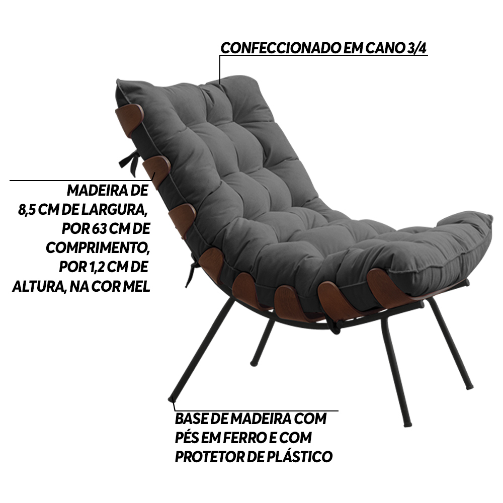 Poltrona Decorativa Sala de Estar Abel Base de Madeira Preto Suede Cinza G41 - Gran Belo