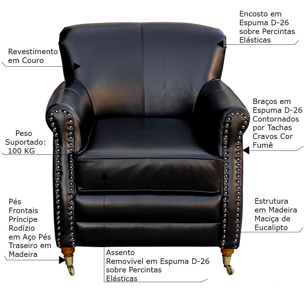 Poltrona Decorativa Sala de Estar Brunei Pés Príncipe Couro Preto G58 - Gran Belo