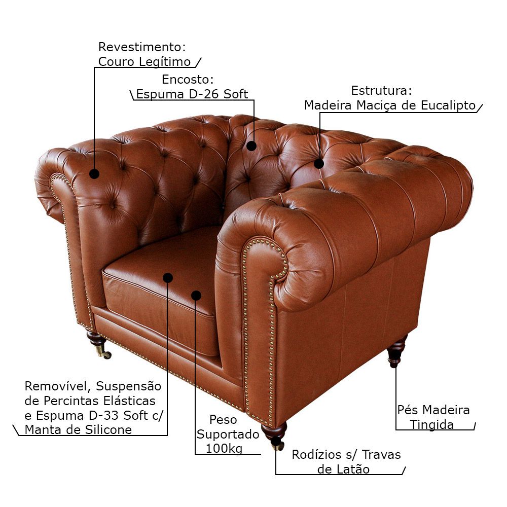 Poltrona Decorativa Sala de Estar Chesterfield Duo Couro Conhaque Brilho - Gran Belo