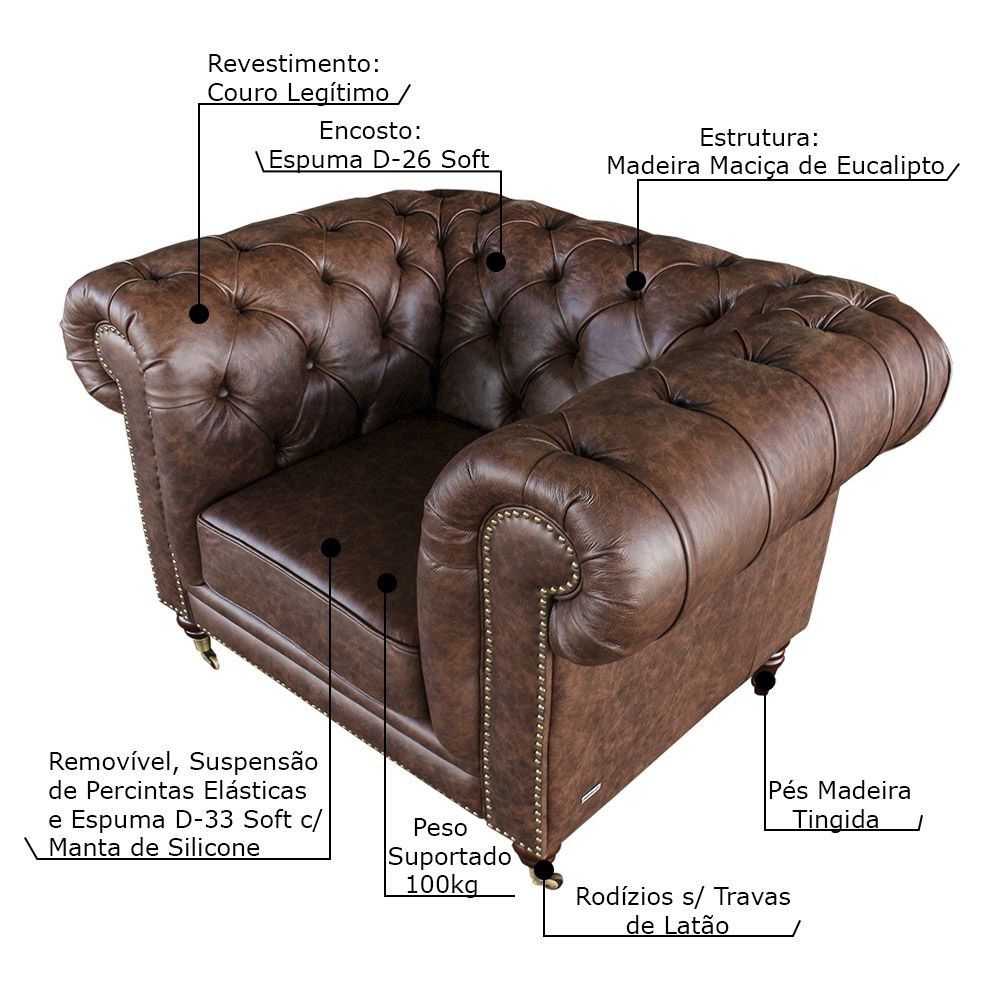 Poltrona Decorativa Sala de Estar Chesterfield Duo Couro Tabaco G40 - Gran Belo