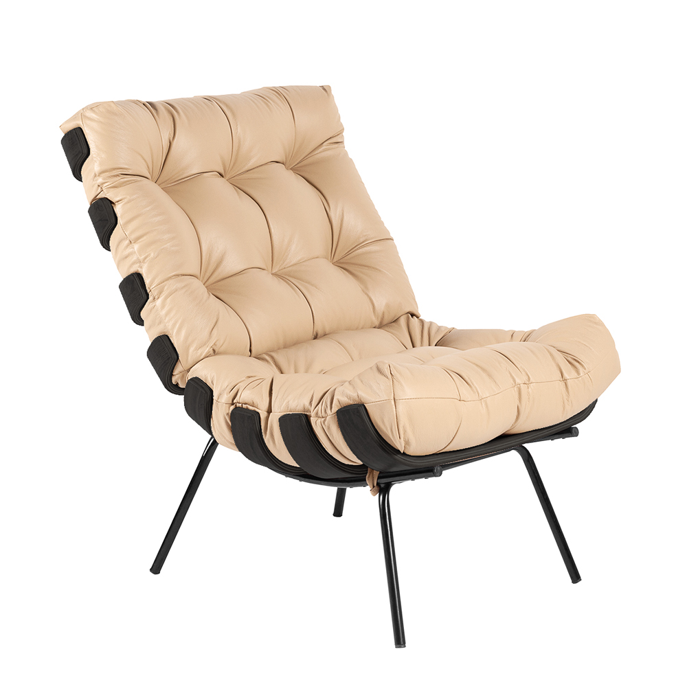 Poltrona Decorativa Sala de Estar Costela Base Preta Couro Bege G34 - Gran Belo