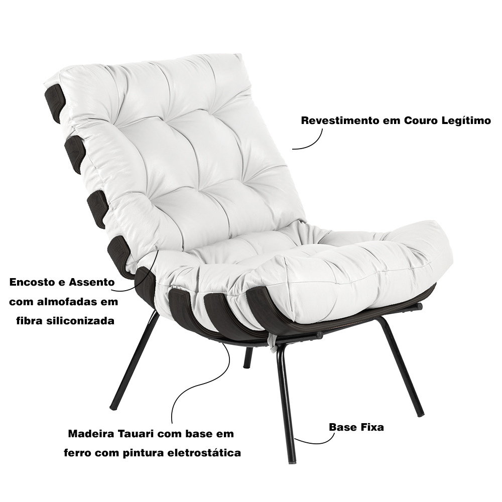 Poltrona Decorativa Sala de Estar Costela Base Preta Couro Branco G34 - Gran Belo