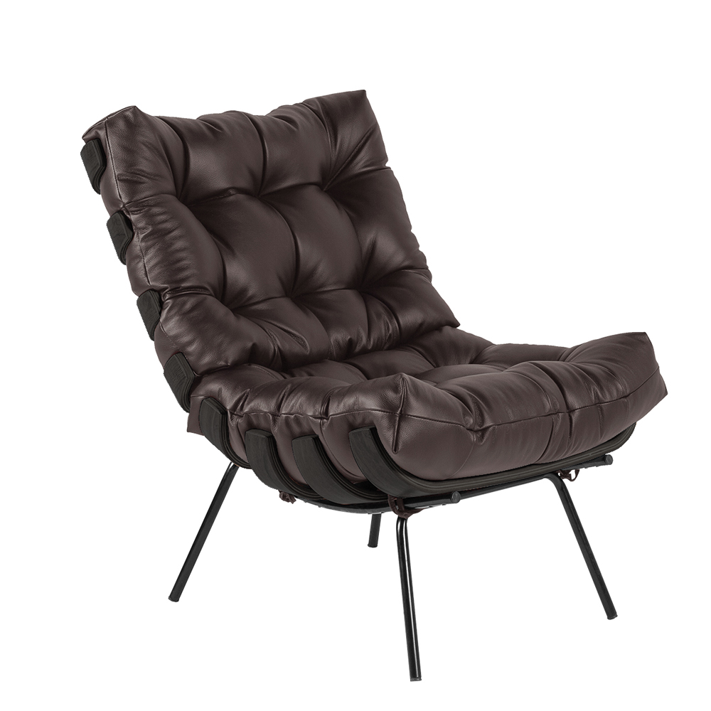 Poltrona Decorativa Sala de Estar Costela Base Preta Couro Marrom G34 - Gran Belo