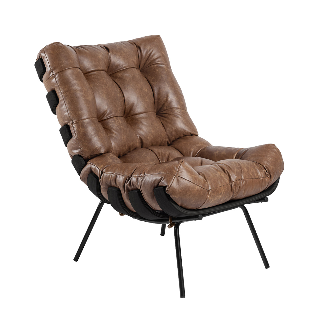 Poltrona Decorativa Sala de Estar Costela Base Preta Couro Mel - Gran Belo