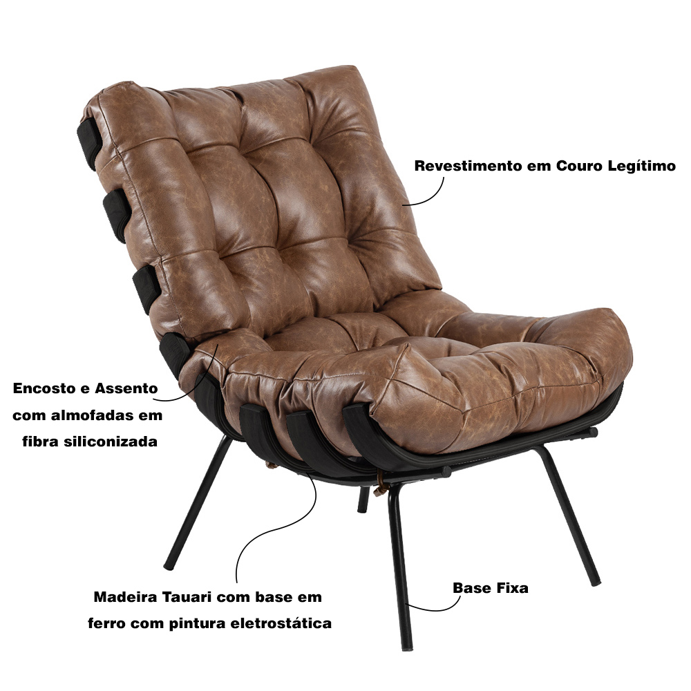 Poltrona Decorativa Sala de Estar Costela Base Preta Couro Mel - Gran Belo