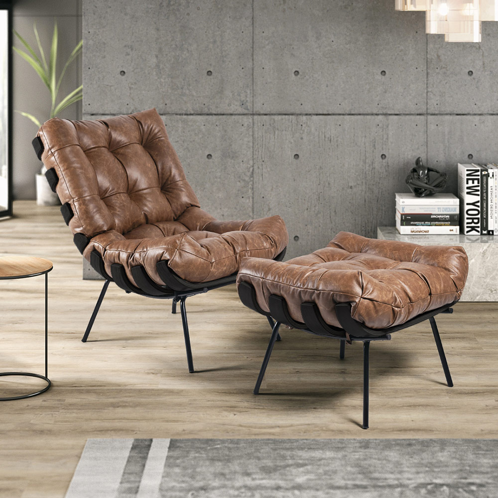 Poltrona Decorativa Sala de Estar Costela Base Preta Couro Mel - Gran Belo