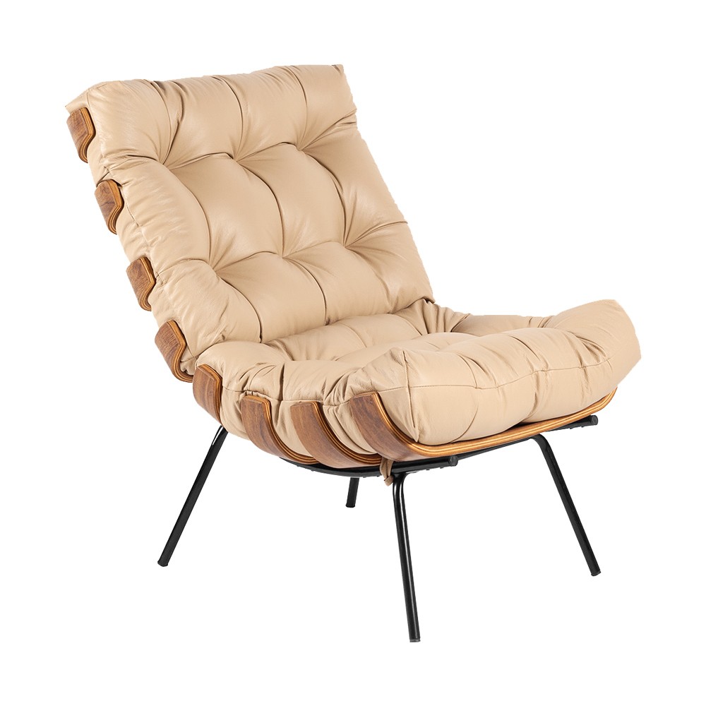 Poltrona Decorativa Sala de Estar Costela Couro Bege G34 - Gran Belo