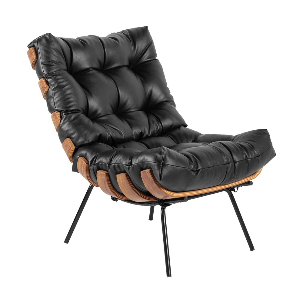 Poltrona Decorativa Sala de Estar Costela Couro Preto G34 - Gran Belo