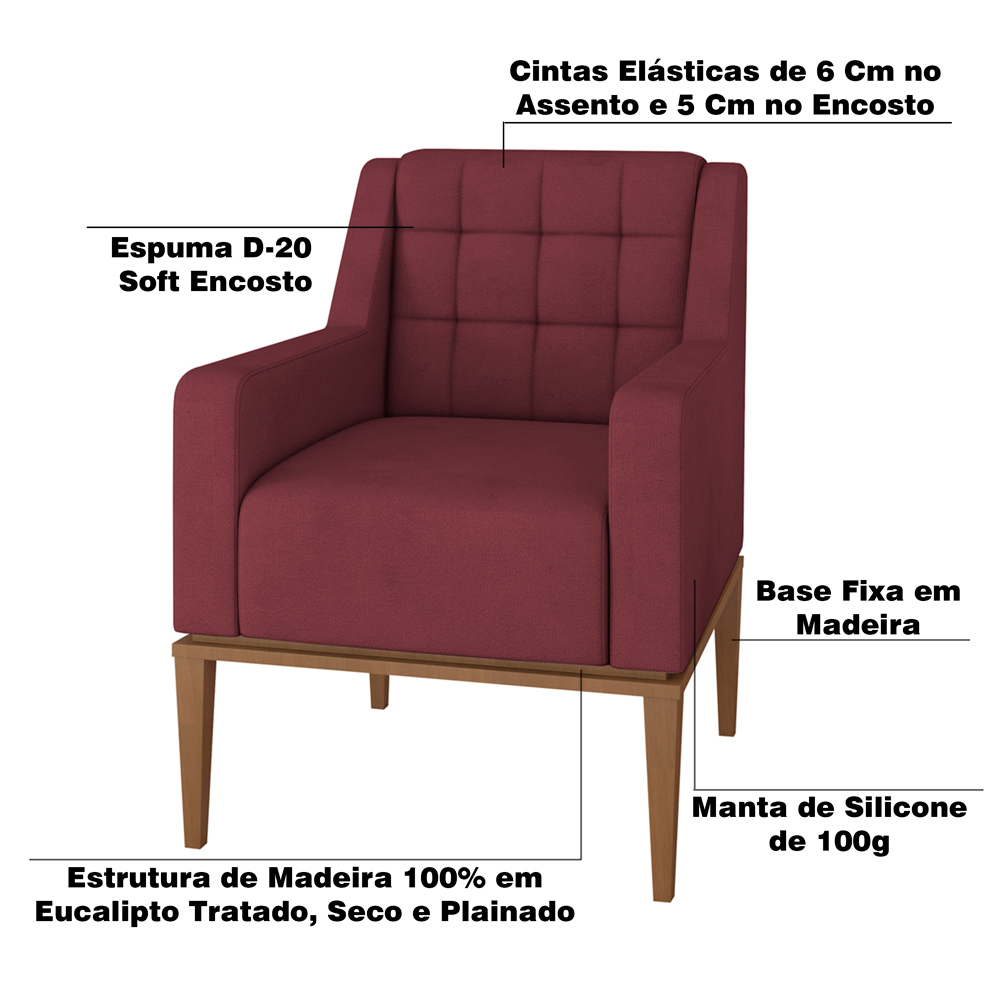 Poltrona Decorativa Sala de Estar Design Moderno Madonna Suede Bordô G52 - Gran Belo
