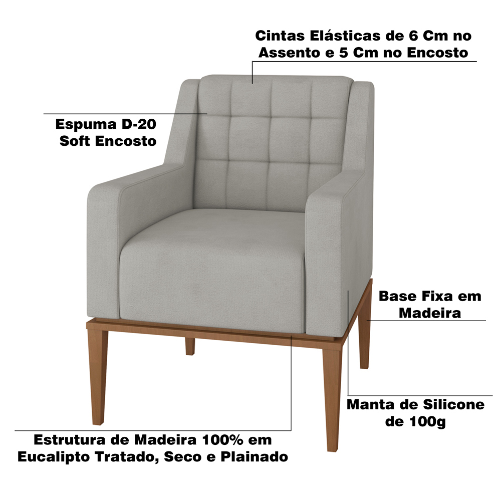 Poltrona Decorativa Sala de Estar Madonna Suede Cinza G52 - Gran Belo