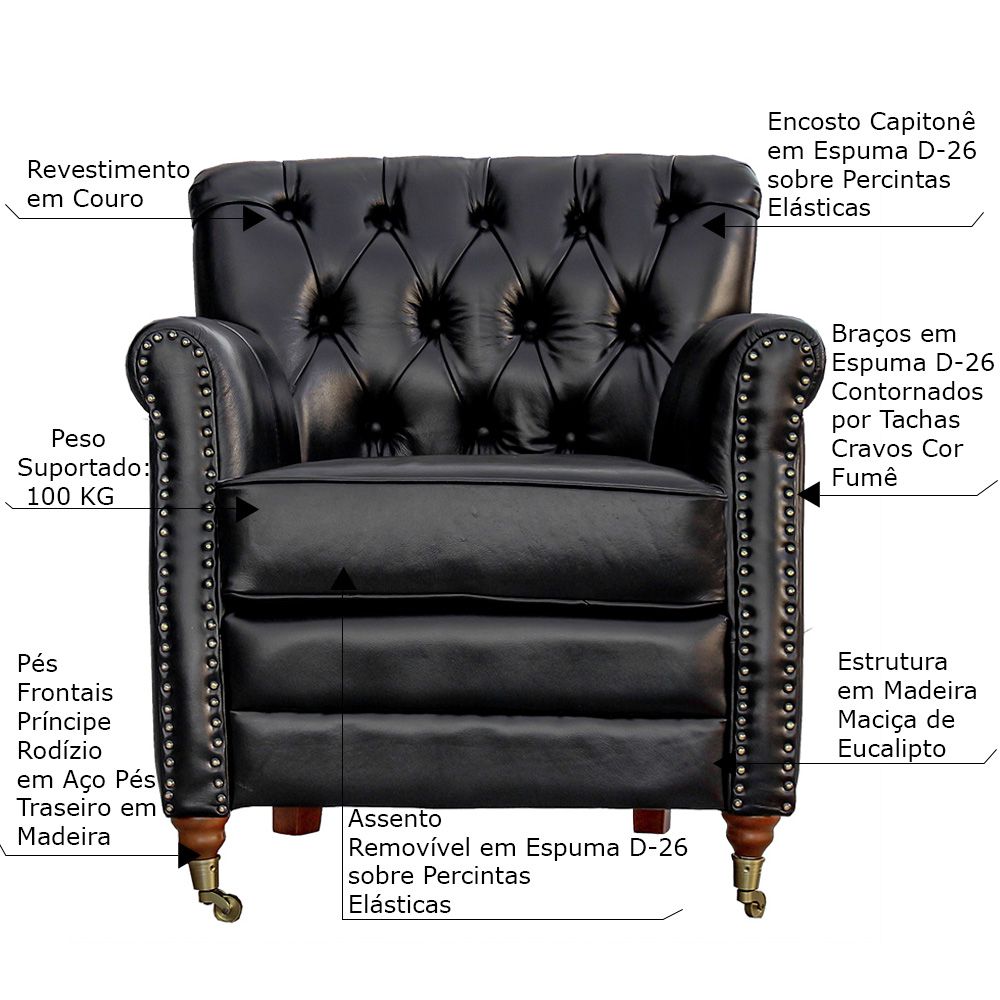 Poltrona Decorativa Sala de Estar Níger Pés Príncipe Couro Preto - Gran Belo