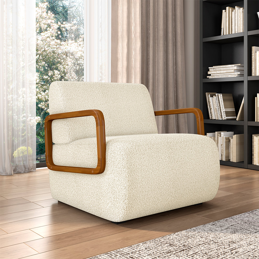 Poltrona Decorativa Sala de Estar Odessa Braços em Madeira Bouclê Off White G33 - Gran Belo