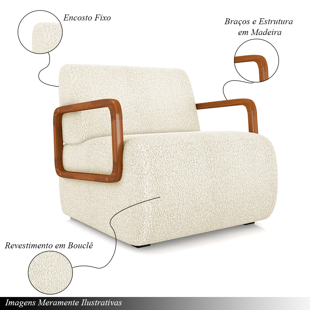 Poltrona Decorativa Sala de Estar Odessa Braços em Madeira Bouclê Off White G33 - Gran Belo