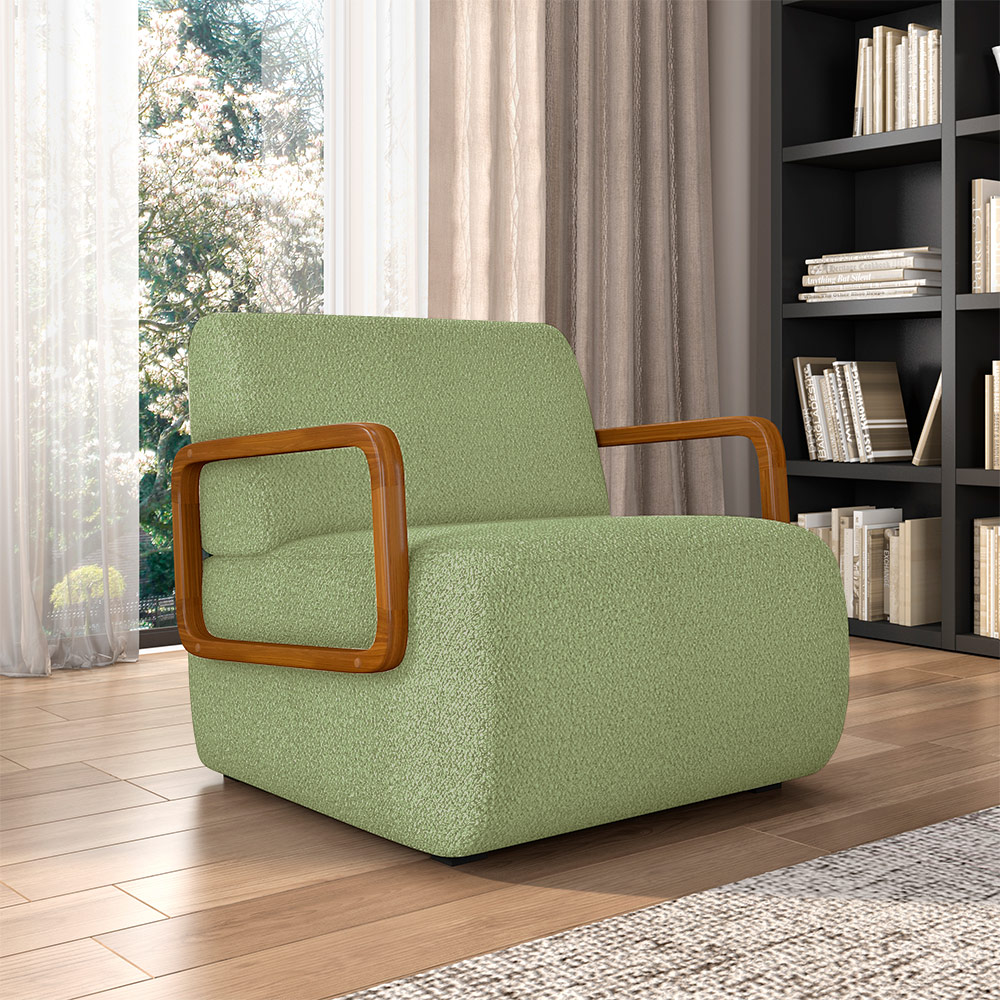Poltrona Decorativa Sala de Estar Odessa Braços em Madeira Bouclê Verde Oliva G33 - Gran Belo
