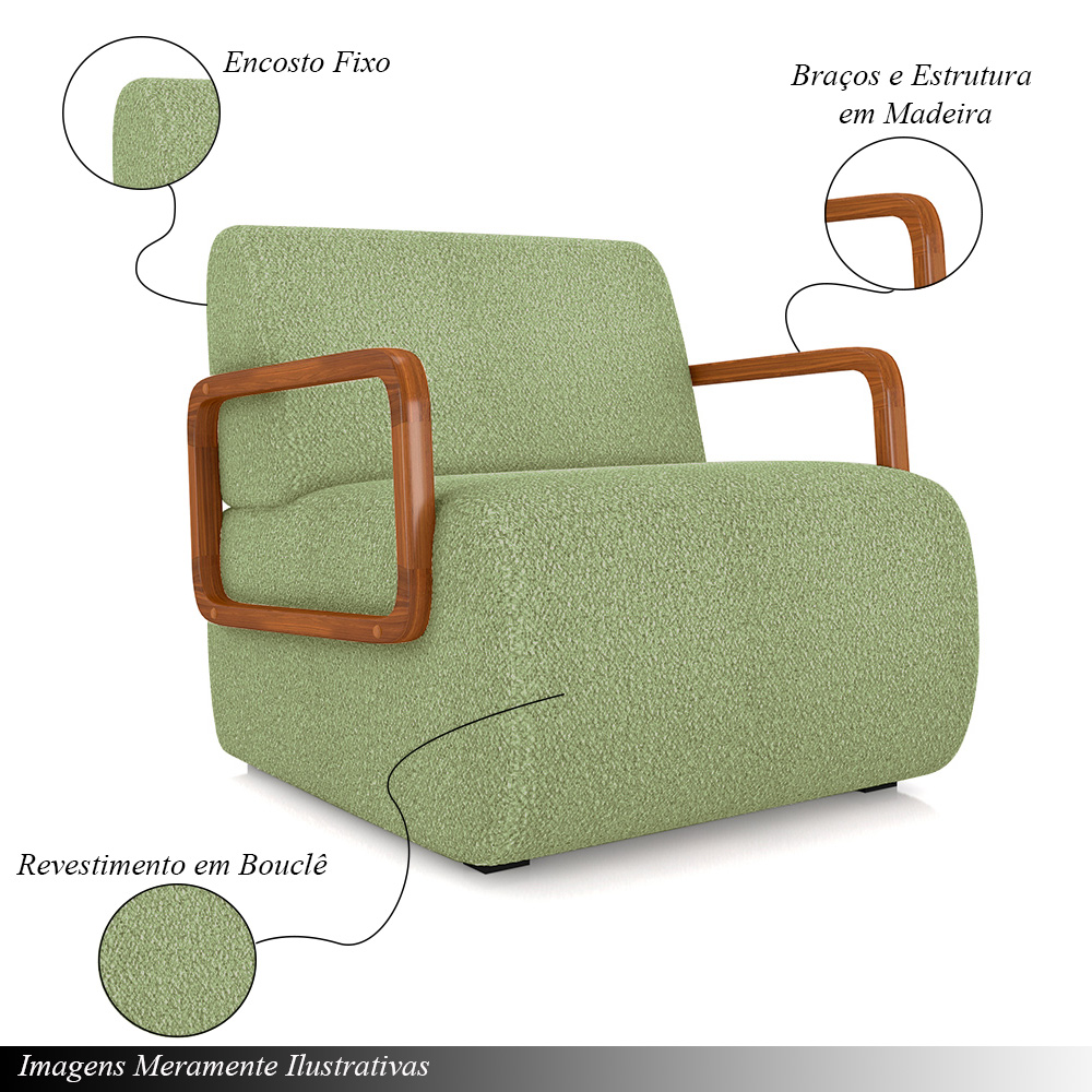 Poltrona Decorativa Sala de Estar Odessa Braços em Madeira Bouclê Verde Oliva G33 - Gran Belo