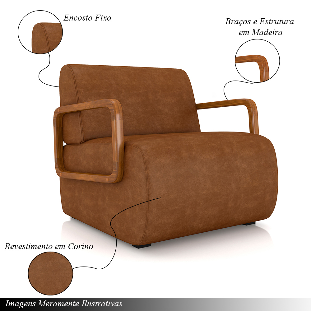 Poltrona Decorativa Sala de Estar Odessa Braços em Madeira PU Caramelo G33 - Gran Belo