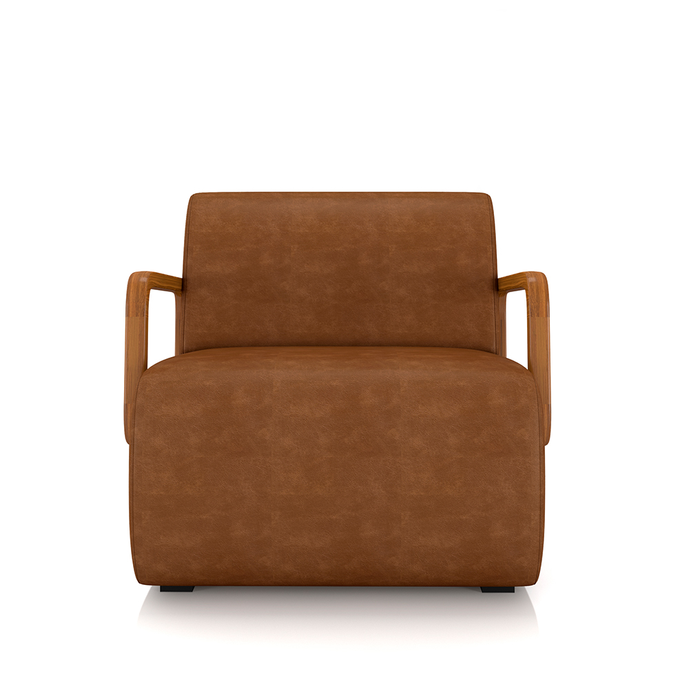 Poltrona Decorativa Sala de Estar Odessa Braços em Madeira PU Caramelo G33 - Gran Belo