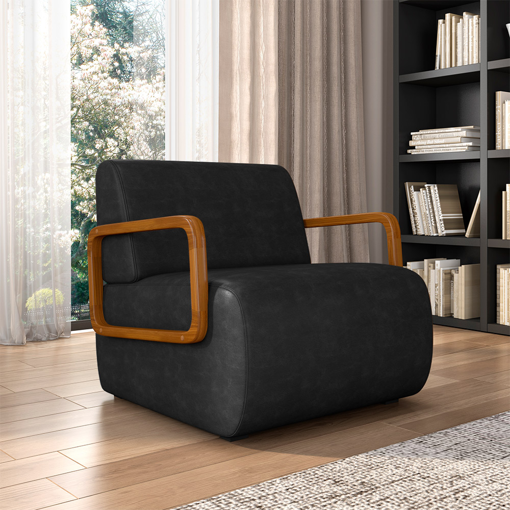 Poltrona Decorativa Sala de Estar Odessa Braços em Madeira PU Preto G33 - Gran Belo