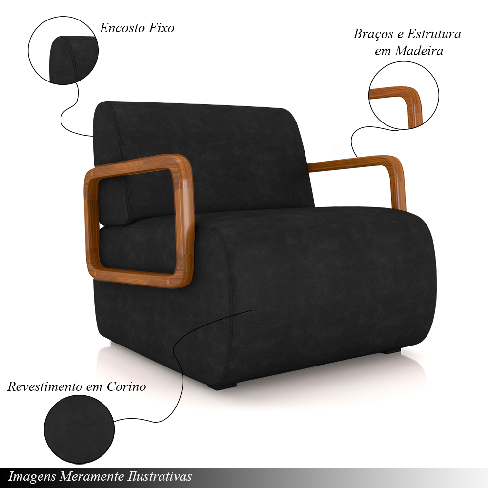Poltrona Decorativa Sala de Estar Odessa Braços em Madeira PU Preto G33 - Gran Belo