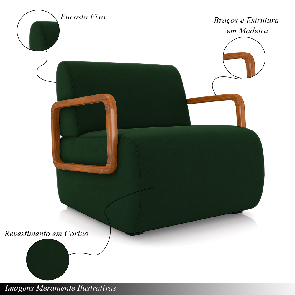 Poltrona Decorativa Sala de Estar Odessa Braços em Madeira Veludo Verde G33 - Gran Belo