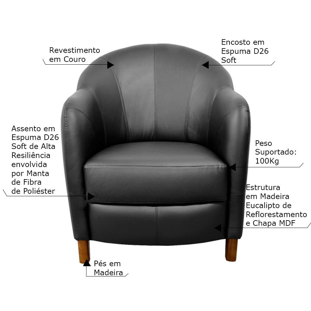 Poltrona Decorativa Sala de Estar Pés Madeira Kairós Couro Preto G03 - Gran Belo