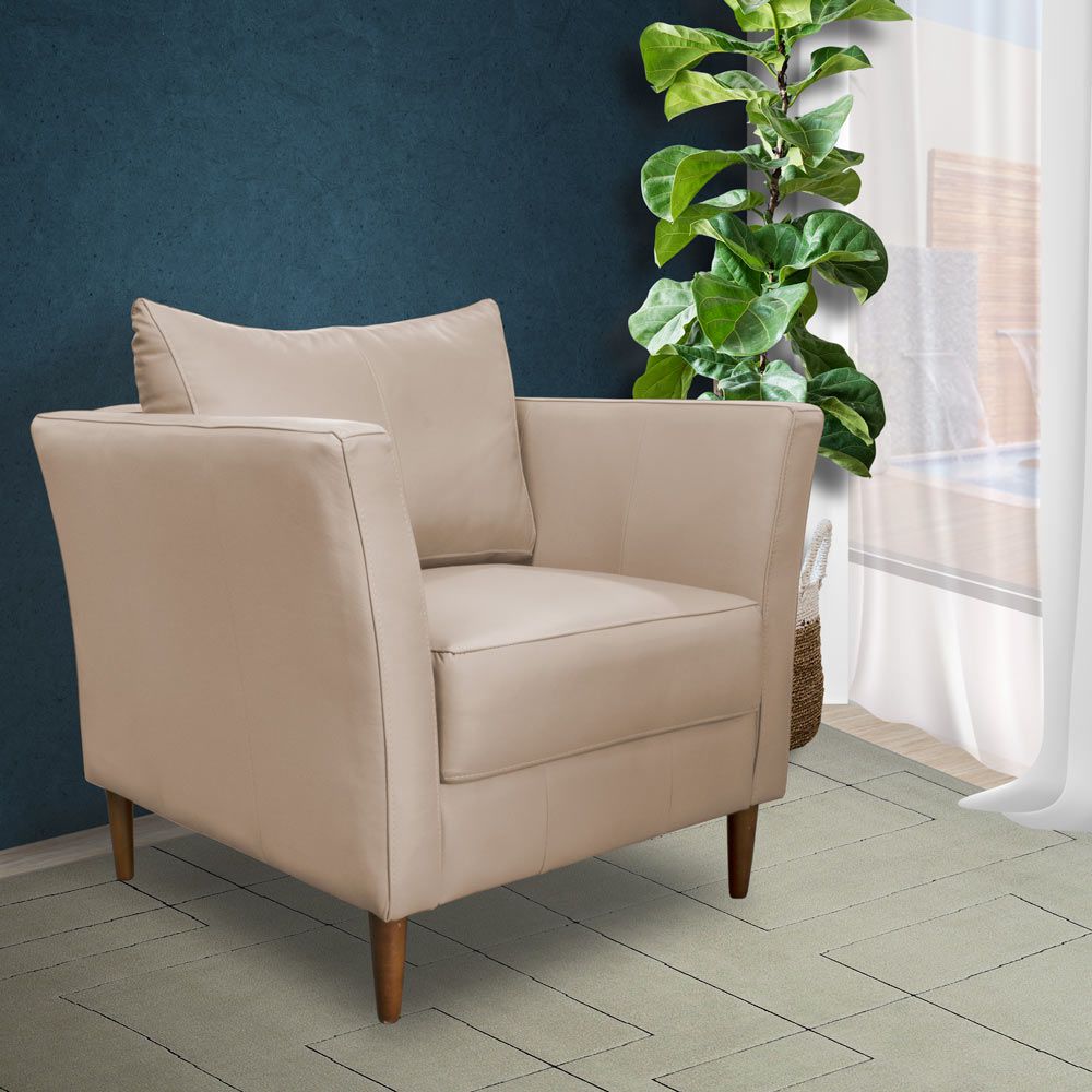 Poltrona Decorativa Sala de Estar Pés Palito Lubbock Couro Bege - Gran Belo