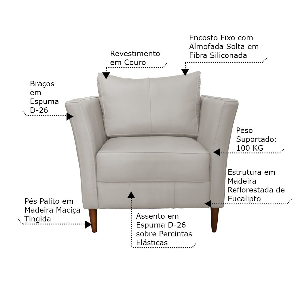 Poltrona Decorativa Sala de Estar Pés Palito Lubbock Couro Off White - Gran Belo