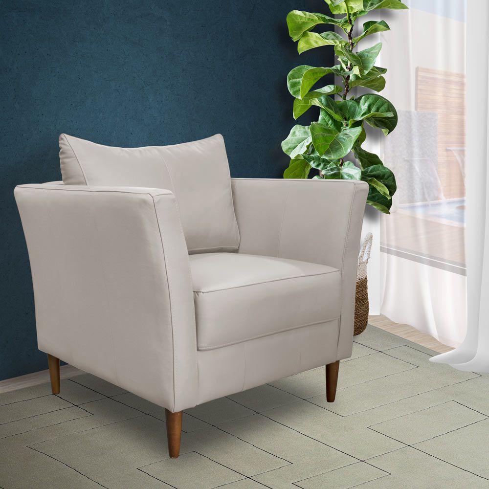 Poltrona Decorativa Sala de Estar Pés Palito Lubbock Couro Off White - Gran Belo