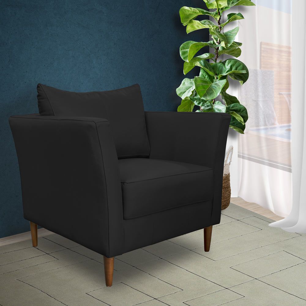 Poltrona Decorativa Sala de Estar Pés Palito Lubbock Couro Preto G58 - Gran Belo