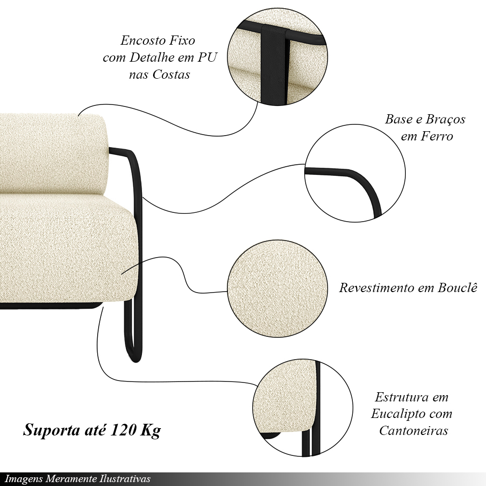 Poltrona Decorativa Sala de Estar Polatsk Base Industrial de Ferro Bouclê Off White G33 - Gran Belo