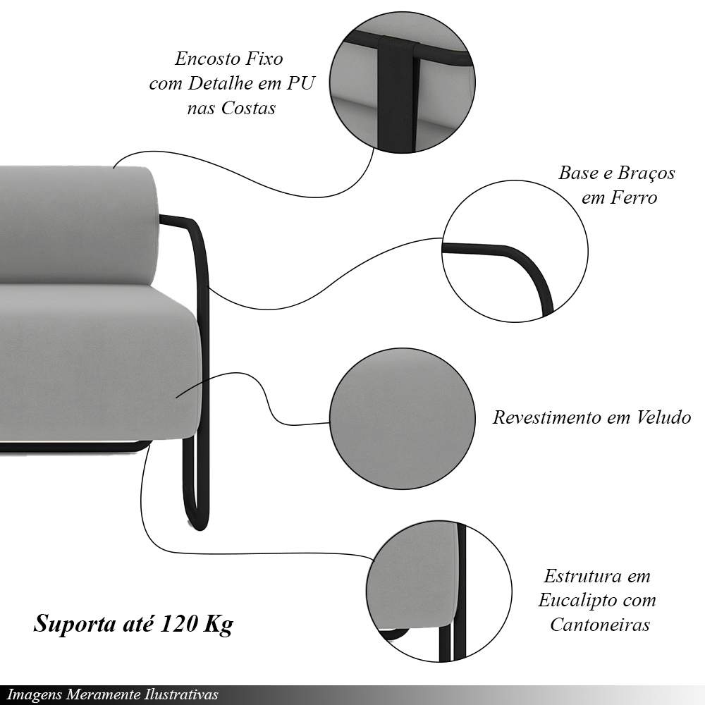 Poltrona Decorativa Sala de Estar Polatsk Base Industrial de Ferro Veludo Cinza Claro G33 - Gran Belo