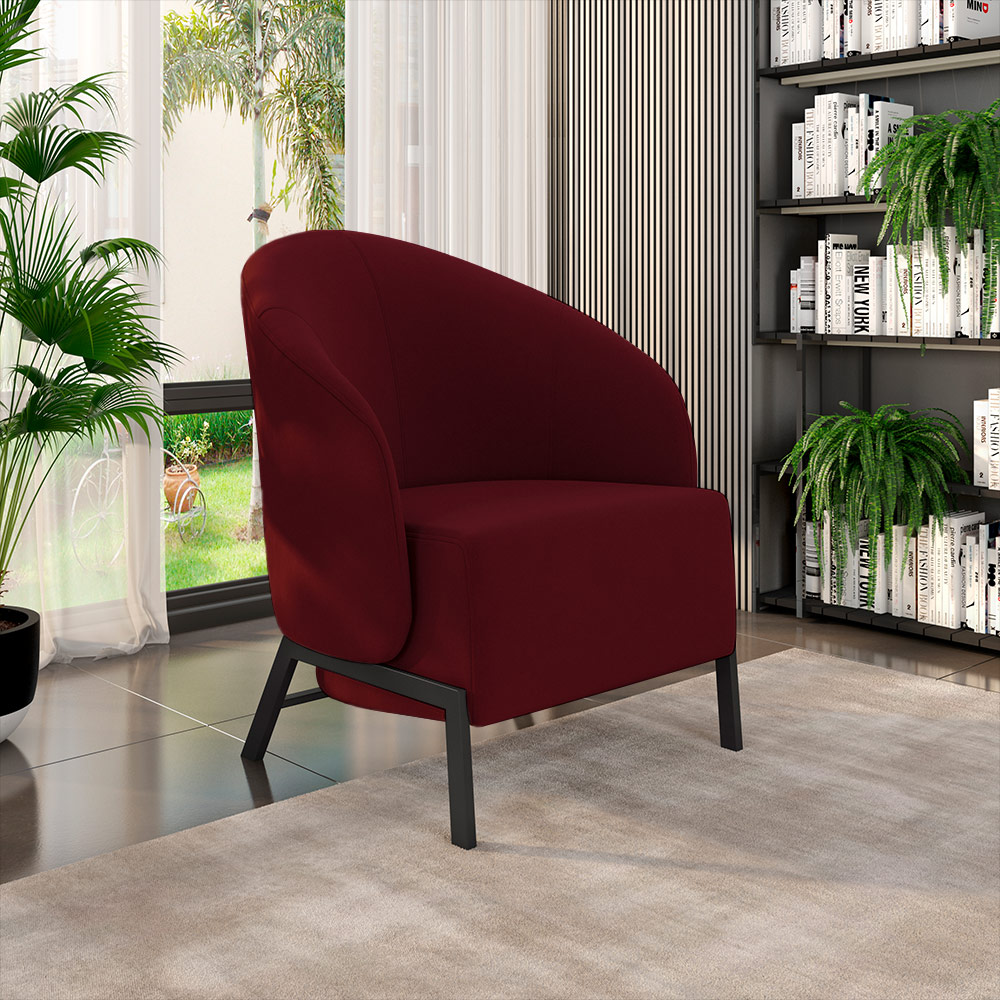 Poltrona Decorativa Sala de Estar kenya Pés em Ferro Veludo Preto/Bordô G33 - Gran Belo