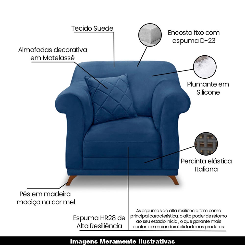 Poltrona Decorativa com 1 Almofada Armstrong Suede Azul Marinho G63 - Gran Belo