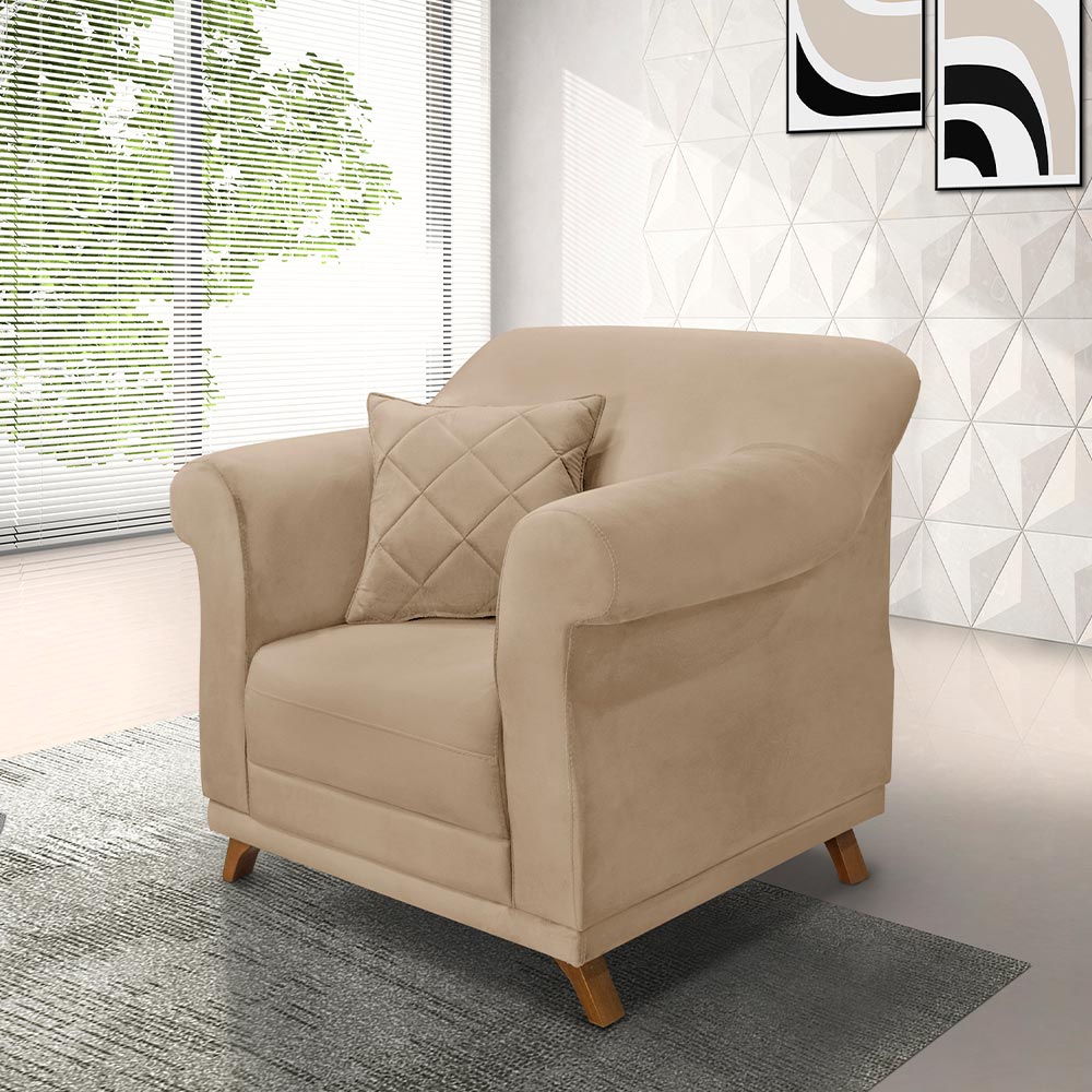 Poltrona Decorativa com 1 Almofada Armstrong Suede Bege G63 - Gran Belo