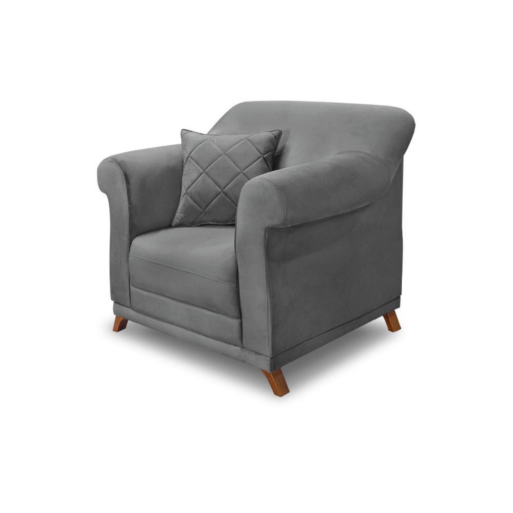 Poltrona Decorativa com 1 Almofada Armstrong Veludo Cinza G63 - Gran Belo
