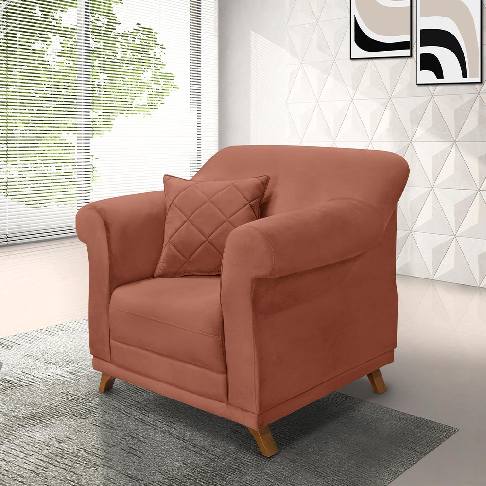 Poltrona Decorativa com 1 Almofada Armstrong Veludo Cobre G63 - Gran Belo