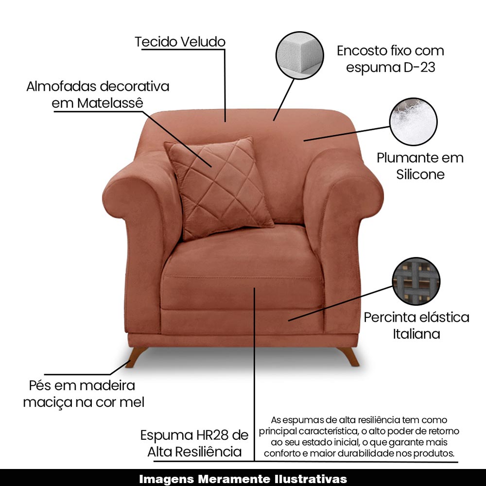 Poltrona Decorativa com 1 Almofada Armstrong Veludo Cobre G63 - Gran Belo