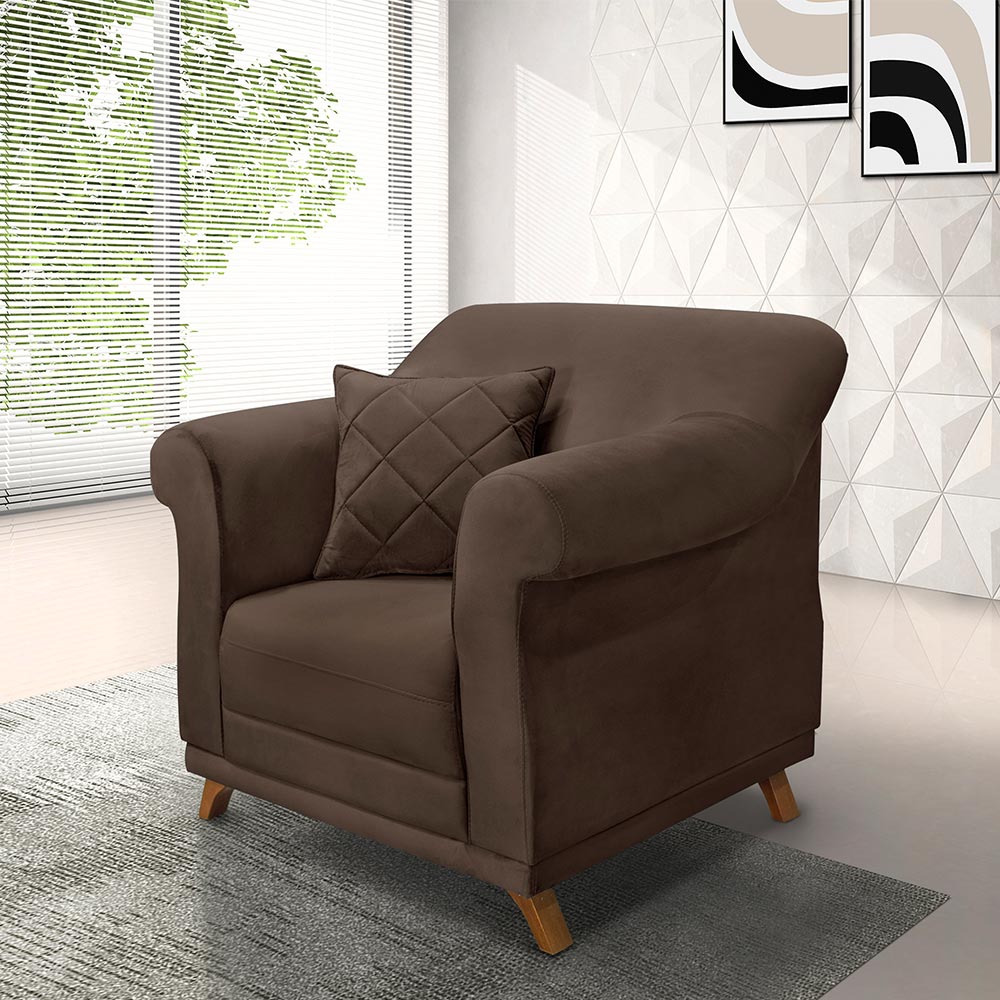 Poltrona Decorativa com 1 Almofada Armstrong Veludo Marrom G63 - Gran Belo