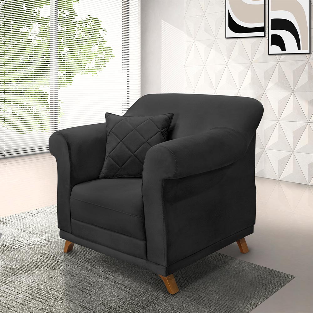 Poltrona Decorativa com 1 Almofada Armstrong Veludo Preto G63 - Gran Belo