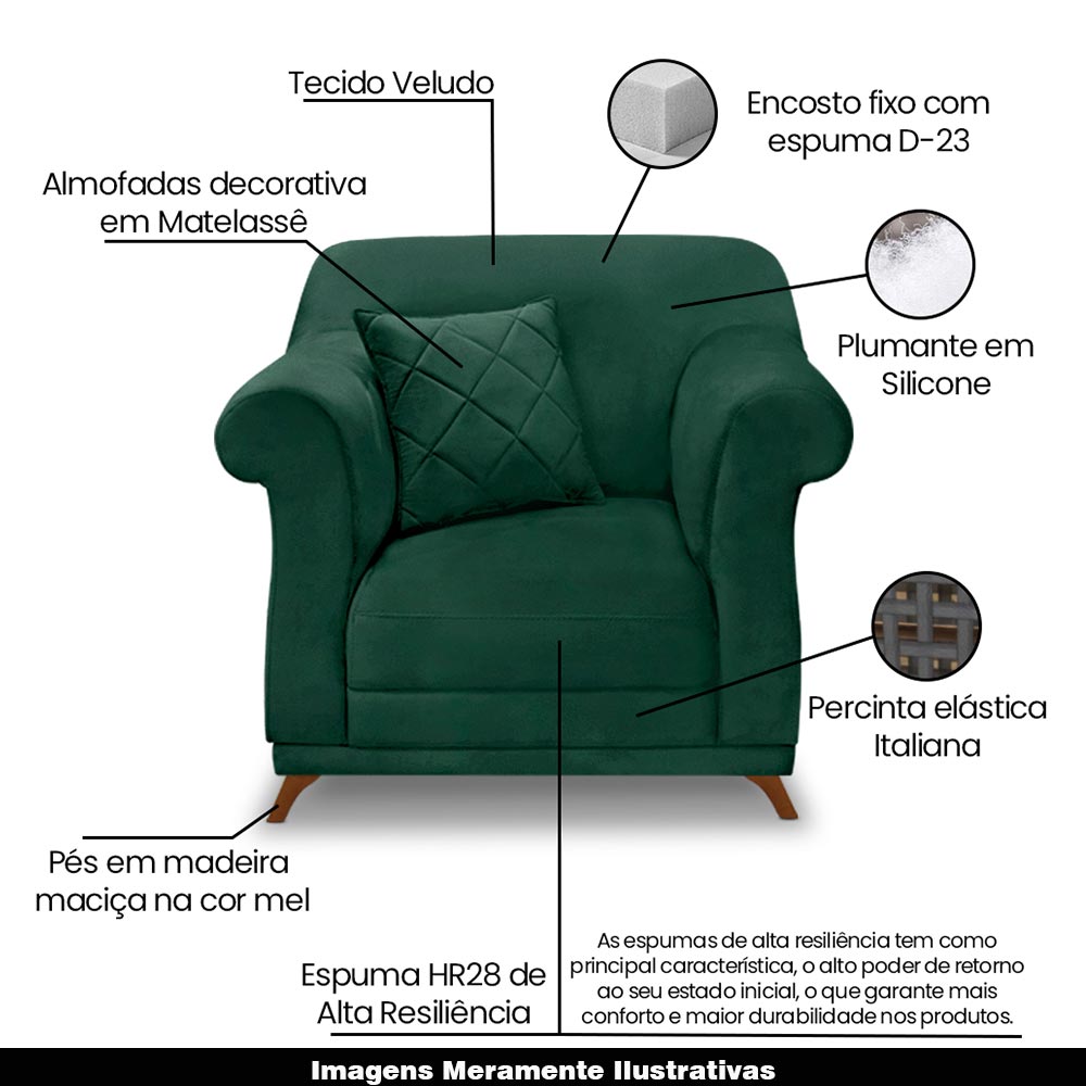 Poltrona Decorativa com 1 Almofada Armstrong Veludo Verde Floresta G63 - Gran Belo