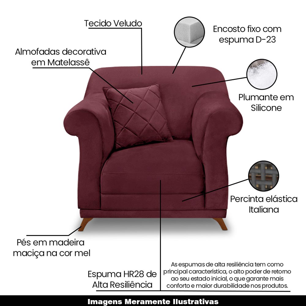 Poltrona Decorativa com 1 Almofada Armstrong Veludo Vinho G63 - Gran Belo